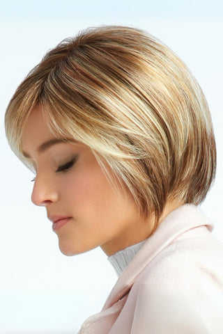 Side of of Classic Cool Petite, a short, chin-length wig with wispy bangs