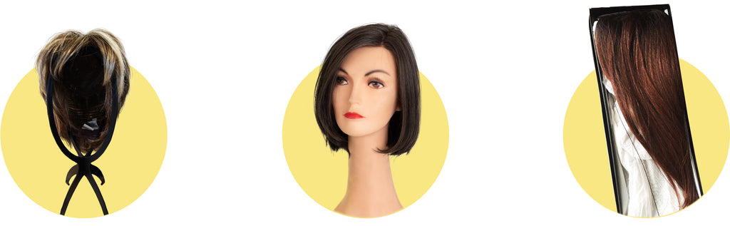 Wig stand, mannequin head, and original box.