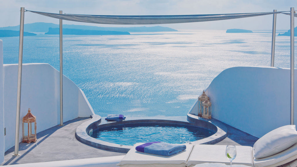 Beautiful view of greek islands from a resort balcony