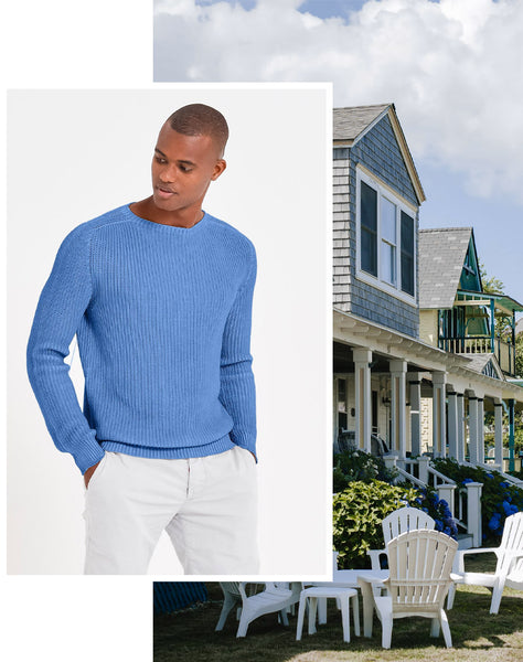 Guy wearing blue sweater in cotton