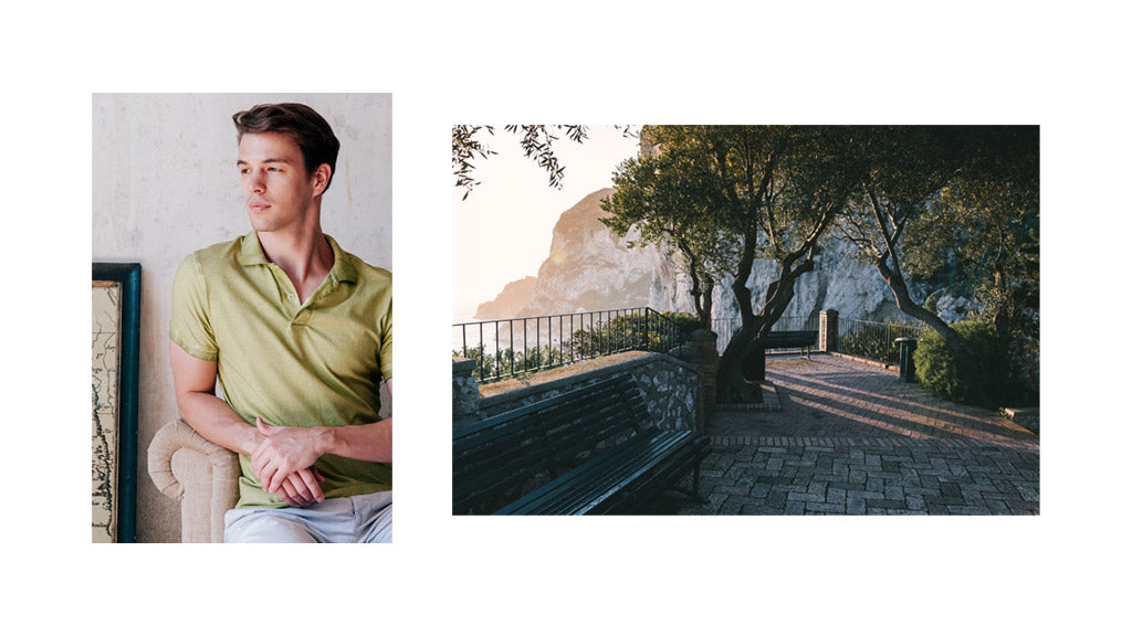 Young man wearing a green polo shirt in a Capri sightseeing point