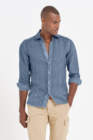 mens blue linen shirt