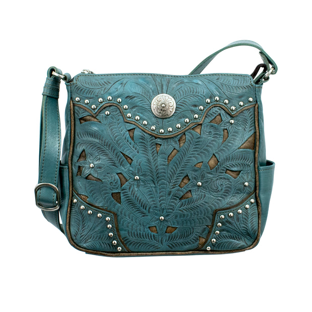 Leather crossbody bag with all-over embossed eagle