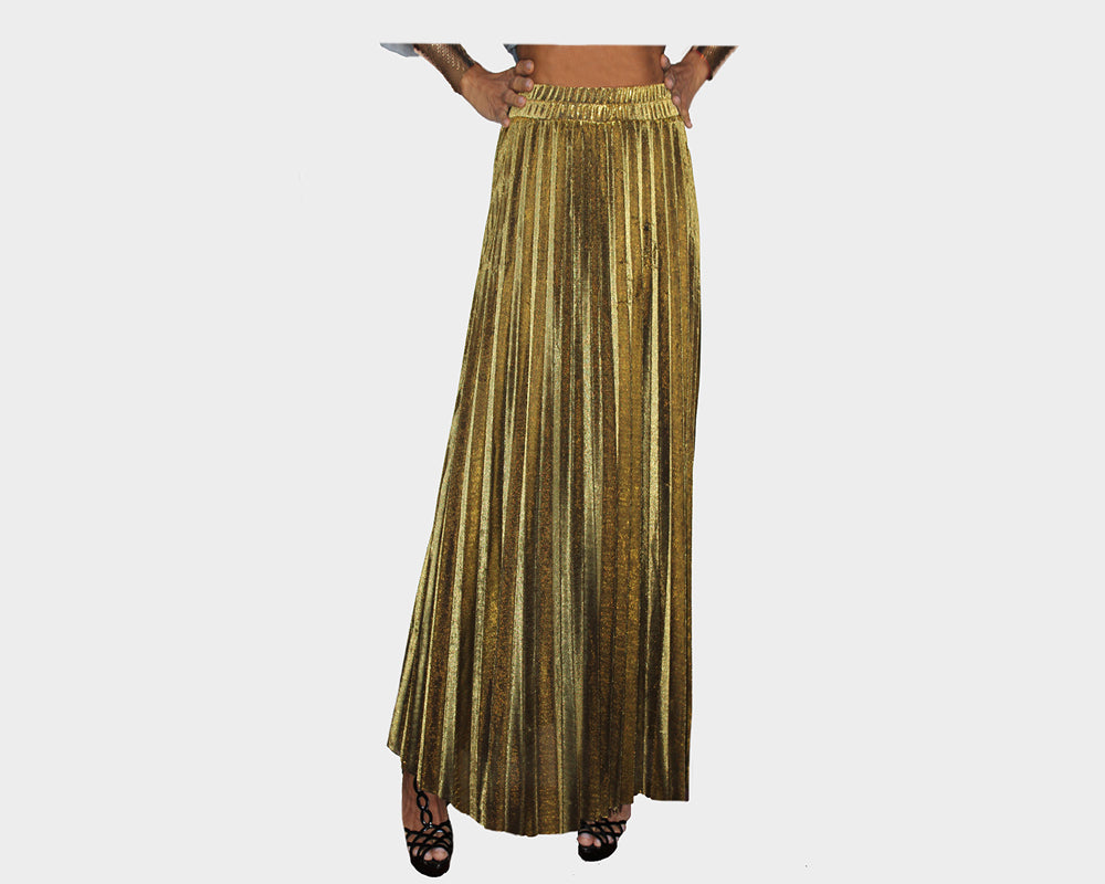 gold pleated maxi skirt