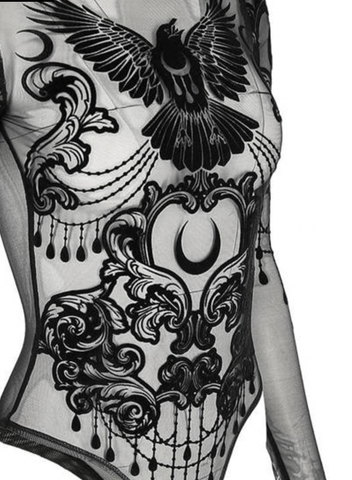 Sheered  Mesh Gothic Bodysuit - Raven motif