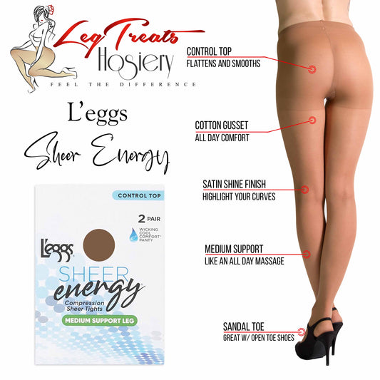 L'Eggs Sheer Energy Medium Support Leg Control Top Wicking Sheer Toe  Pantyhose
