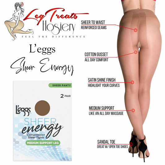 Leggs Sheer Energy Pantyhose, Control Top, Reinforced Toe, Medium Support  Leg, Size B, Suntan, 1 pair