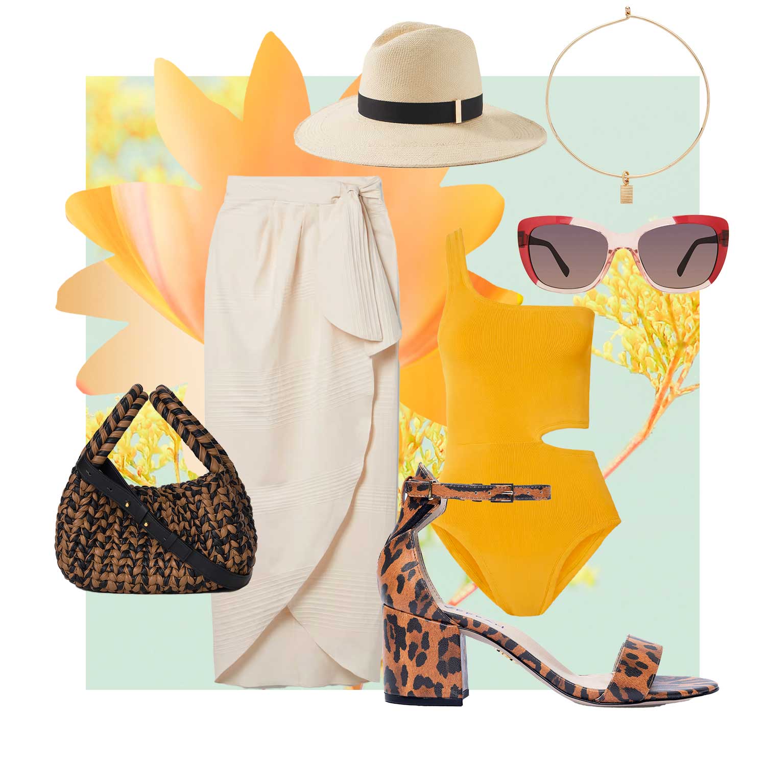 Clockwise from left: Johanna Ortiz wrap skirt, Gigi Burris straw fedora, SOKO Safiri choker, Eco Eyewear Hedera sunglasses, Hunza G one-shoulder cutout swimsuit, VEERAH Dian vegan block heel sandals, and Nanushka “Busket” bag