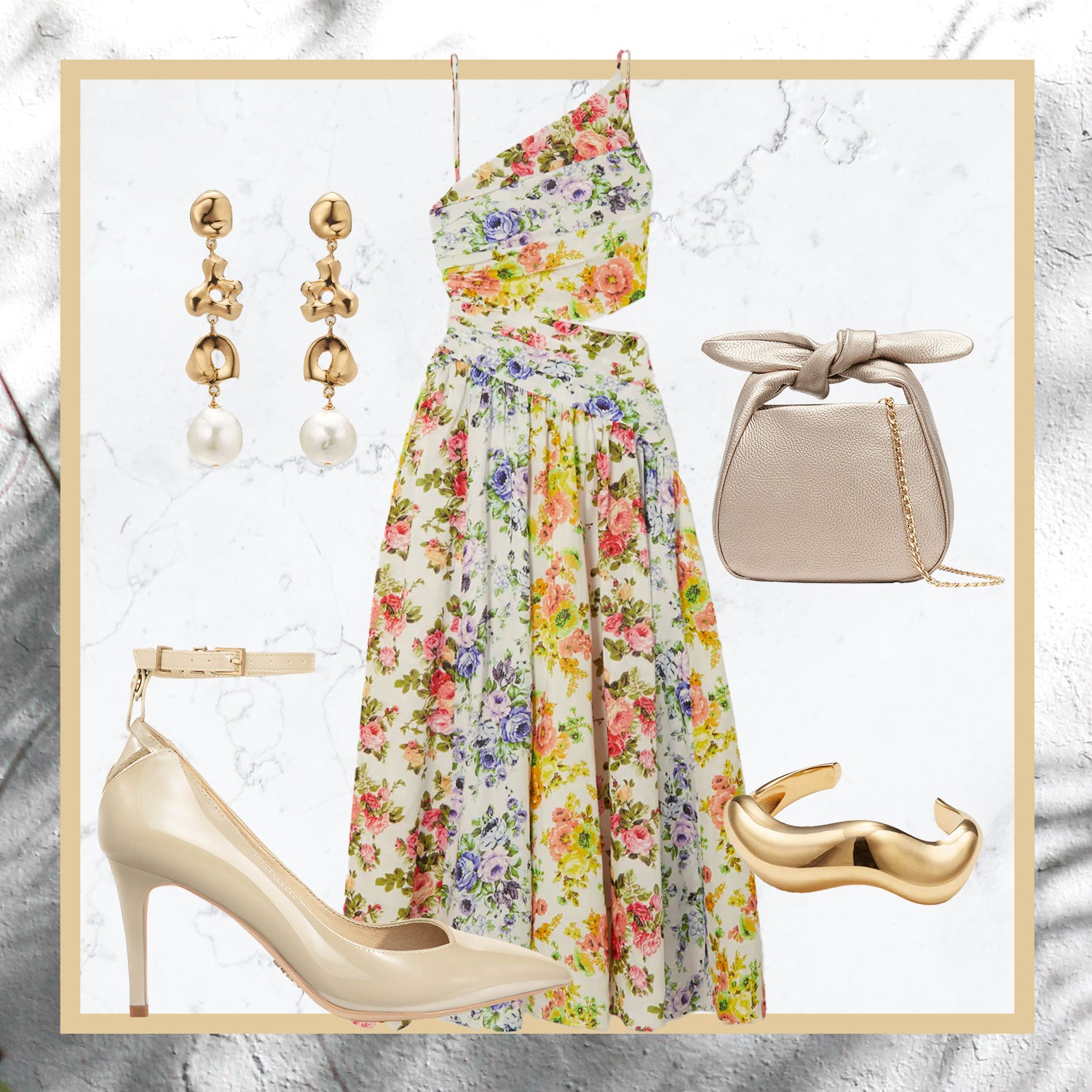 Clockwise from left: AGMES Diane drop earrings, Zimmermann organic linen floral print midi dress, Cuyana mini bow bag, AGMES Astrid cuff, and VEERAH neo-patent Frida pumps with Reversible Strap