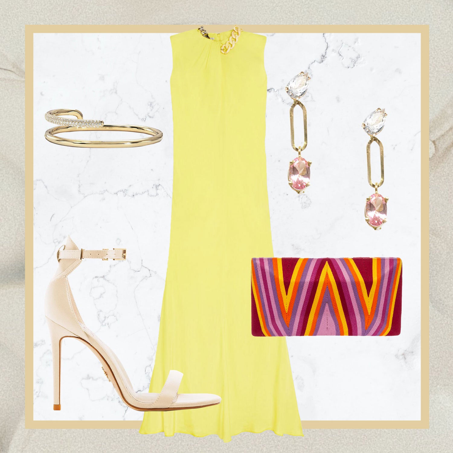 CLOCKWISE FROM LEFT: KAT KIM BRACELET, STELLA MCCARTNEY FALABELLA CHAIN MAXI DRESS, POPPY FINCH WHITE TOPAZ LINK OVAL GEM EARRINGS, BEATRIZ CHESKA CHEVRON CLUTCH, AND VENUS VEGAN ANKLE STRAP HEELS