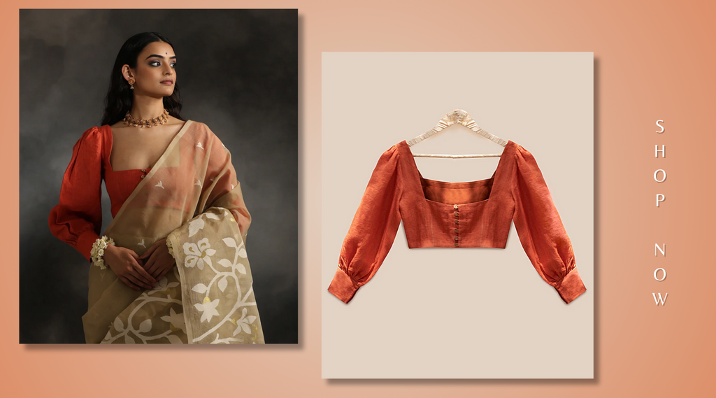 Handloom_Rust_Pure_Linen_Stitched_Blouse_With_Bishop_Sleeves_WeaverStory