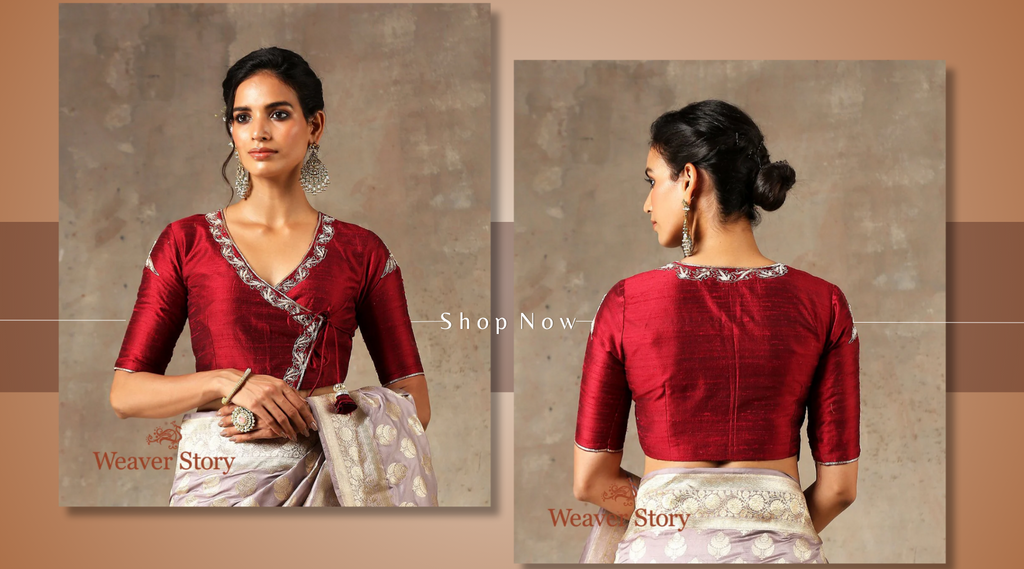 Maroon_Angrakha_Style_Blouse_in_Raw_Silk_with_Embroidery_WeaverStory