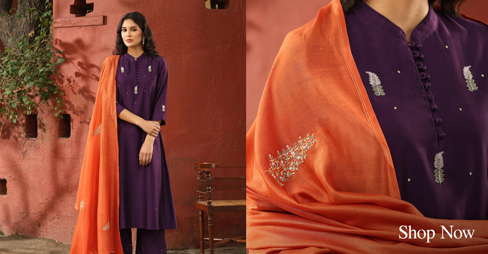 Deep_Purple_Embroidered_Pure_Chanderi_Silk_Kurta_With_Pants_And_Burnt_Orange_Dupatta_WeaverStory_01