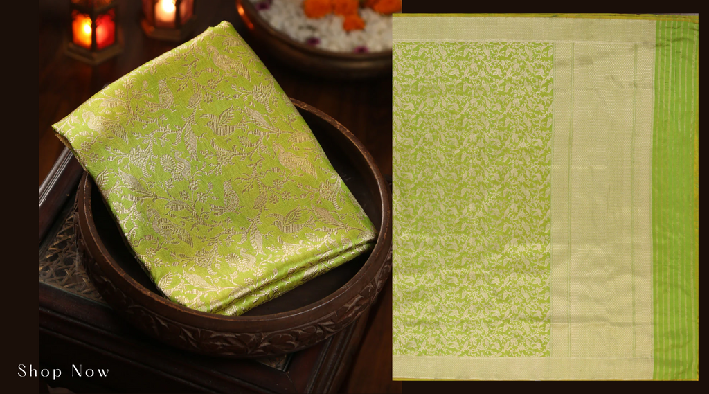 Parrot_Green_Handloom_Pure_Katan_Silk_Shikargah_Banarasi_Dupatta_WeaverStory