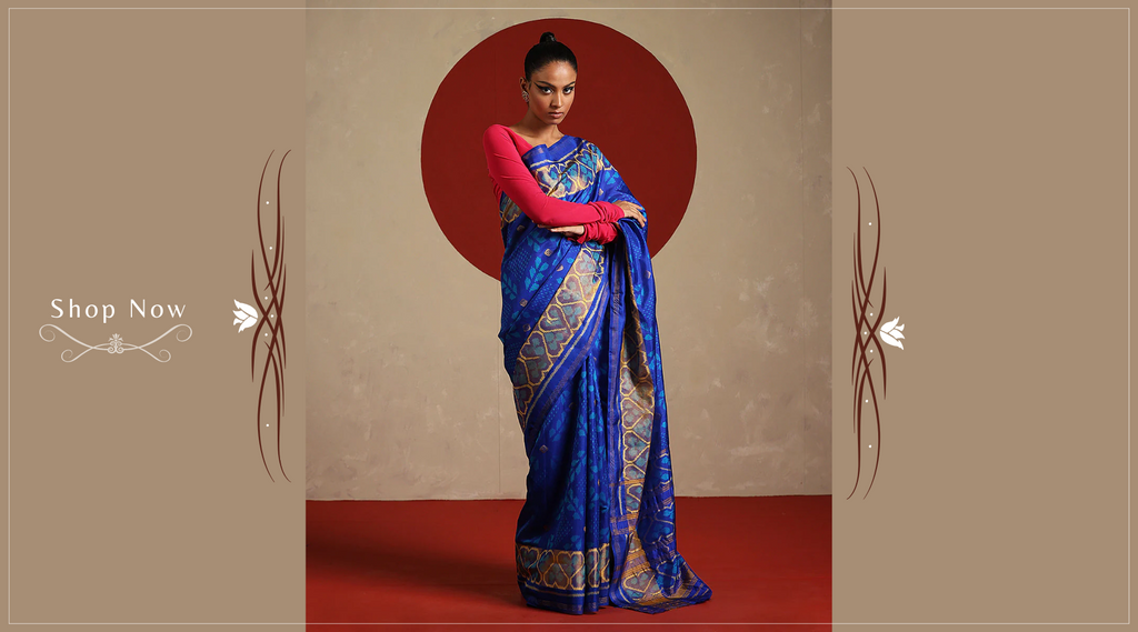 Electric_Blue_And_Mustard_Double_Shade_Handloom_Pure_Mulberry_Silk_Ikat_Patola_Saree_WeaverStory