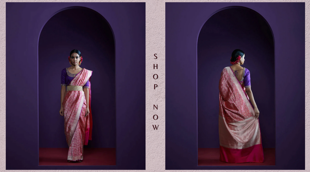 Hot_Pink_Handloom_Pure_Katan_Silk_Shikargah_Banarasi_Saree_WeaverStory