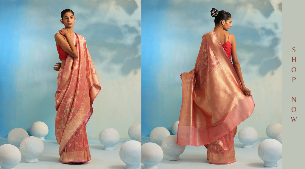Pink_Double_Shade_Handloom_Pure_Tissue_Silk_Banarasi_Saree_With_Meenakari_Jaal_WeaverStory
