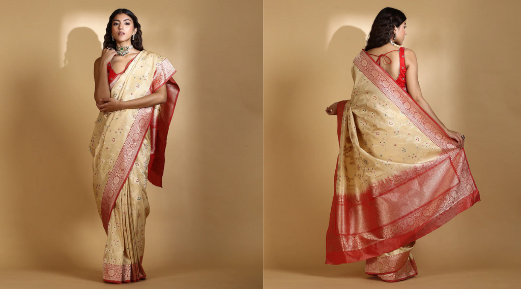 Handloom_Gold_And_Red_Pure_Silk_Tissue_Banarasi_Saree_With_Meenakari_Jaal_WeaverStory