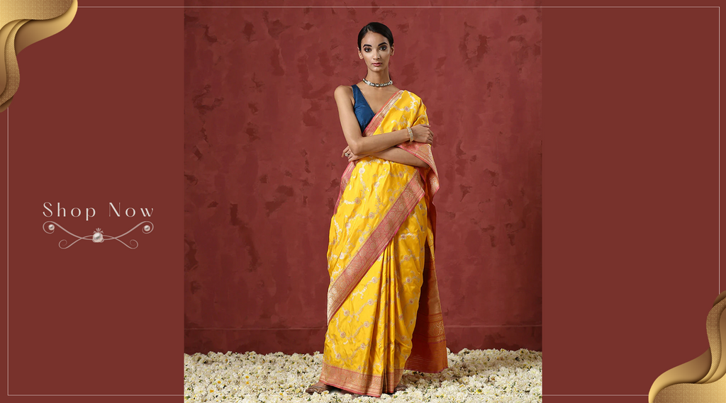 Yellow_Handloom_Pure_Katan_Banarasi_Saree_With_Pink_Floral_Border_WeaverStory