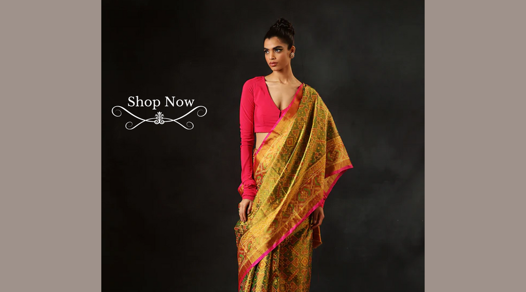 Mustard_And_Green_Handloom_Tissue_Silk_Patola_Saree_With_Pink_Tissue_Border_WeaverStory