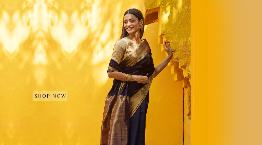 Handloom_Navy_Blue_Pure_Silk_Chanderi_Saree_With_Gold_Zari_Border_WeaverStory