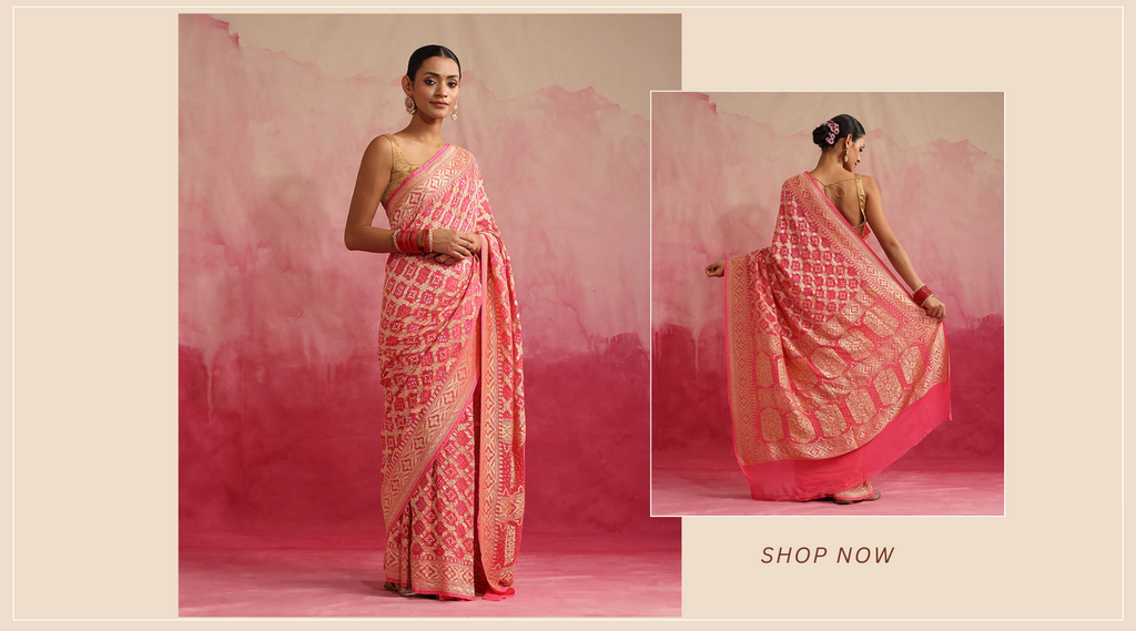 Handloom_Pink_Pure_Georgette_Banarasi_Bandhej_Saree_With_Zari_Jaal_WeaverStory