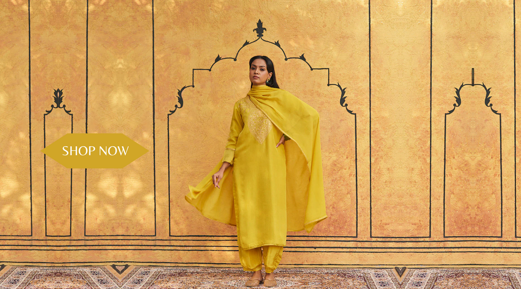 Mustard_Pure_Silk_Tilla_Hand_Embroidered_Suit_With_Pants_And_Dupatta_WeaverStory