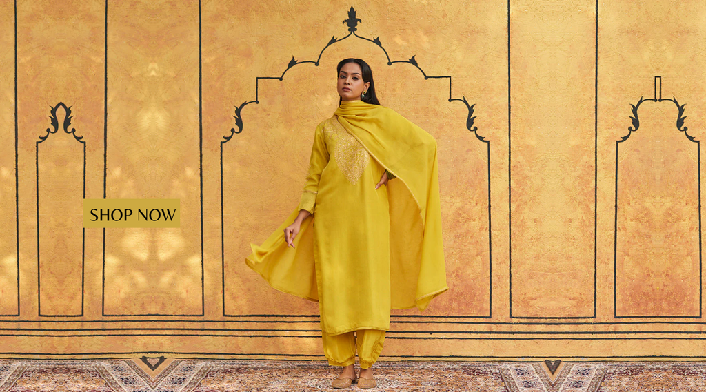 Mustard_Pure_Silk_Tilla_Hand_Embroidered_Suit_With_Pants_And_Dupatta_WeaverStory