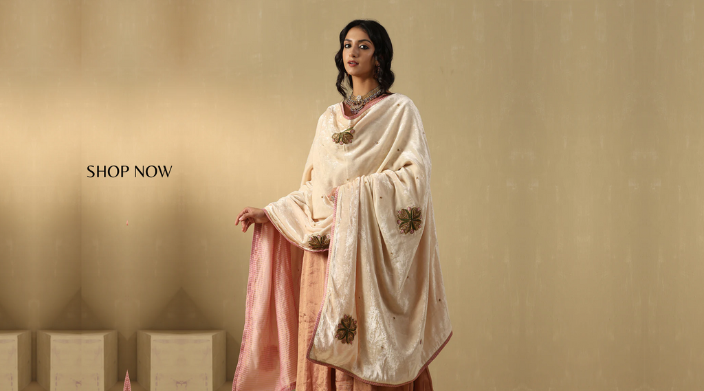 Off-White_Hand_Embroidered_Zardozi_Silk_Velvet_Doshala_With_Contrast_Chanderi_Tissue_Border_WeaverStory