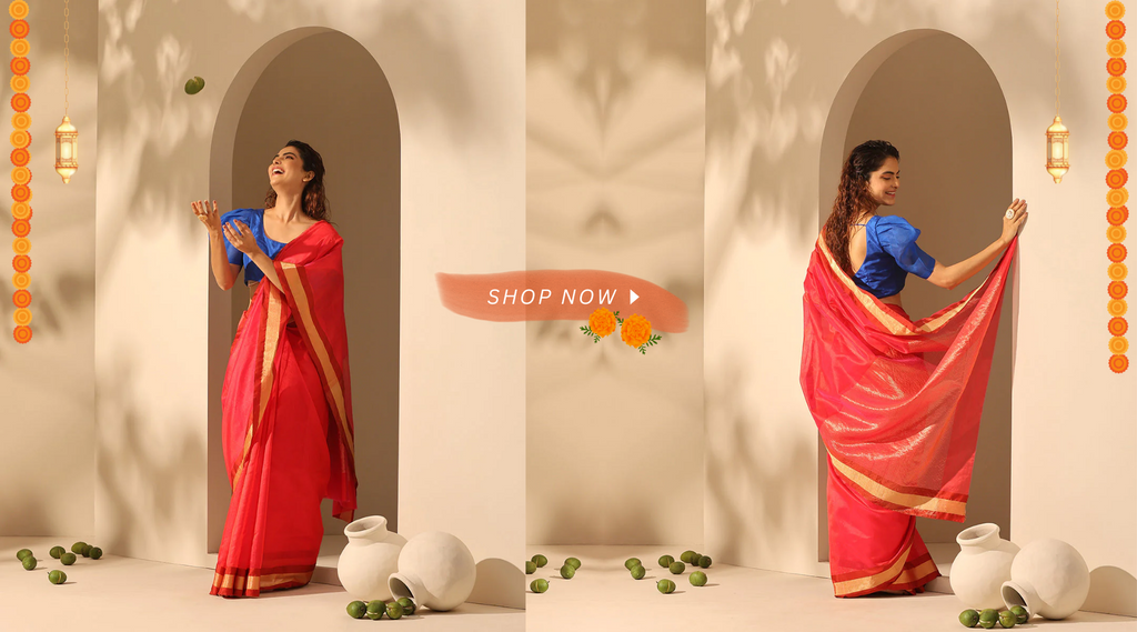 Red_Double_Shade_Handloom_Pure_Plain_Chanderi_Silk_Saree_With_Tissue_Border_WeaverStory