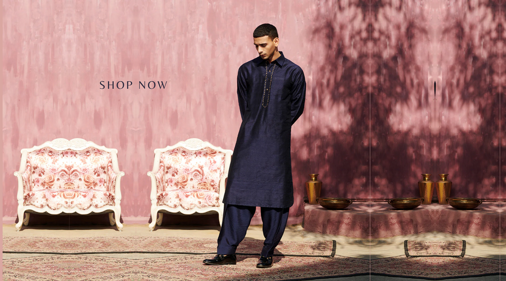 Handcrafted_Dark_Blue_Raw_Silk_Pathani_Stitched_Kurta_With_Salwar_WeaverStory_01