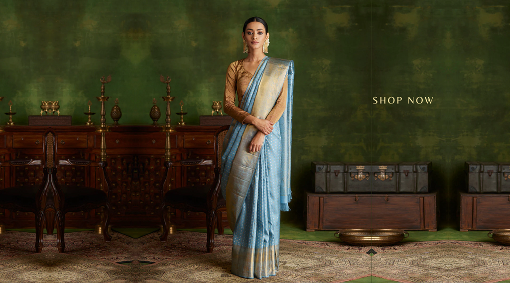 Sky_Blue_Handloom_Pure_Silk_Kanjivaram_Saree_With_Silver_And_Gold_Booti_WeaverStory