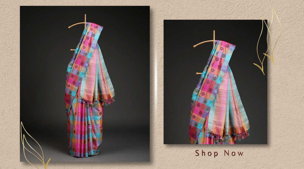 Blue_And_Pink_Handloom_Rangkaat_Checks_Pure_Kosa_Silk_Saree_With_All_Over_Flower_Booti_In_Black_WeaverStory