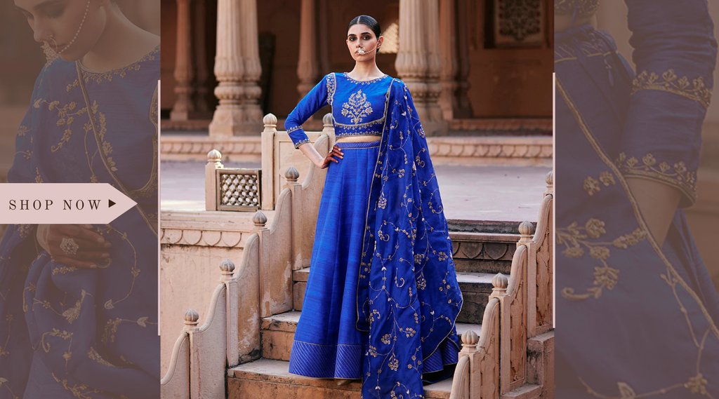 Blue_Banarasi_Lehenga_With_Raw_Silk_Blouse_And_Hand_Embroidered_Organza_Dupatta_WeaverStory