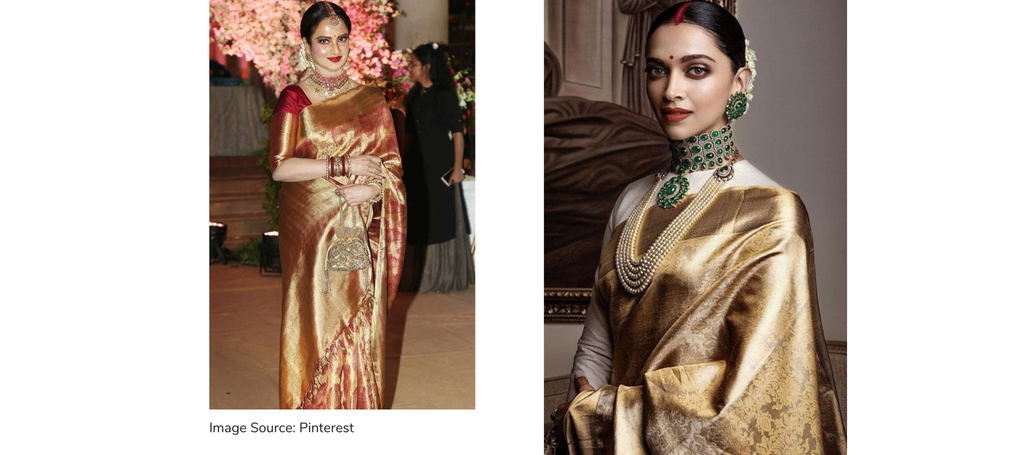 Champagne Golden Kanjivaram Tissue Floral Woven Silk Saree & Rustic Border  | TST | The Silk Trend