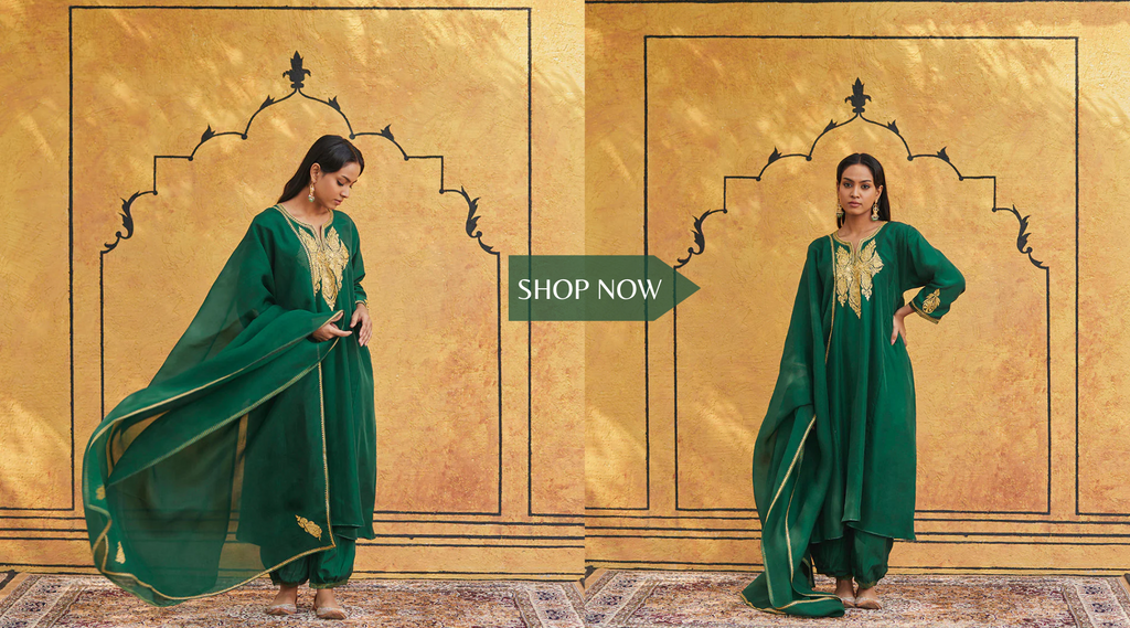 Bottle_Green_Pure_Silk_Tilla_Hand_Embroidered_Suit_With_Pants_And_Dupatta_WeaverStory