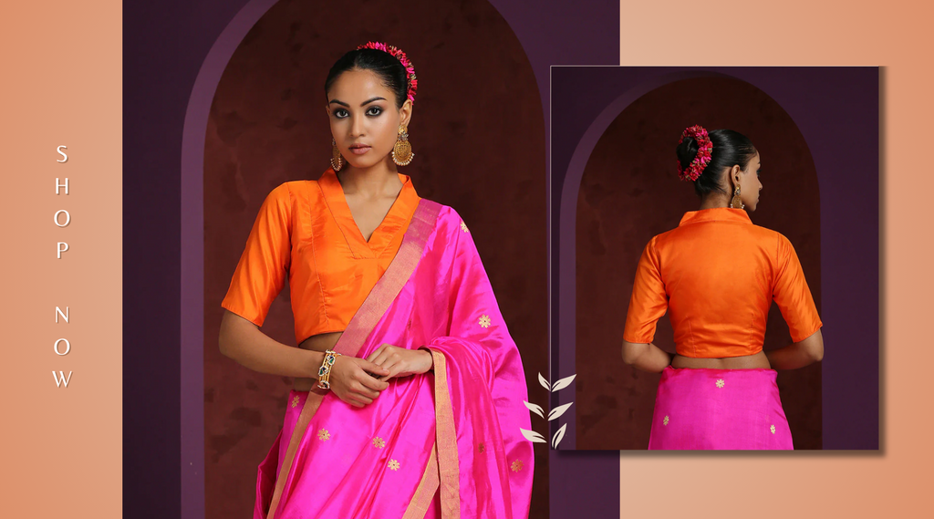 Handcrafted_Orange_Pure_Silk_Blouse_With_Collared_V-Neckline_WeaverStory