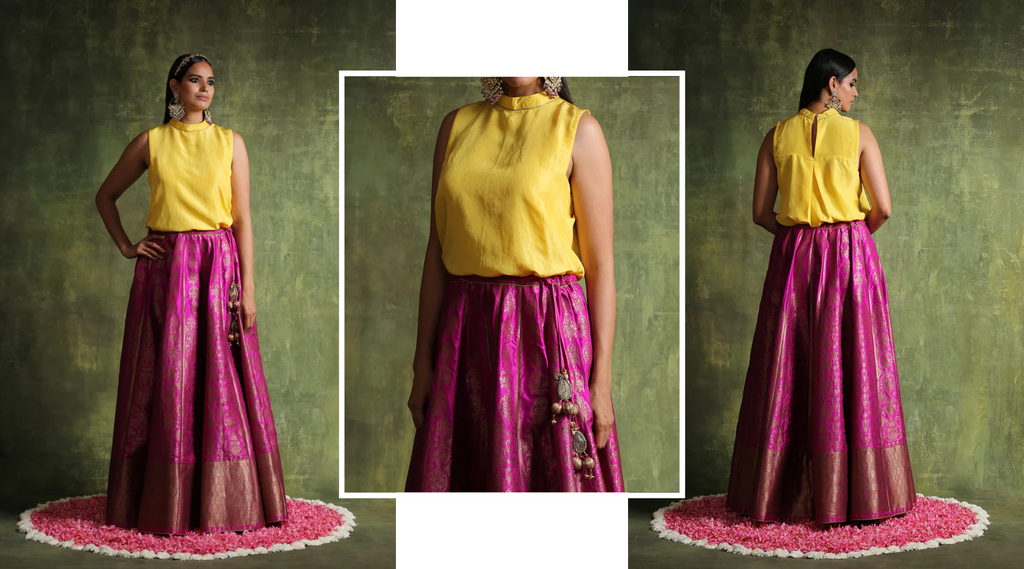 Hot_Pink_Handloom_Pure_Katan_Silk_Banarasi_Skirt_With_Canary_Yellow_Pure_Habutai_Silk_Top