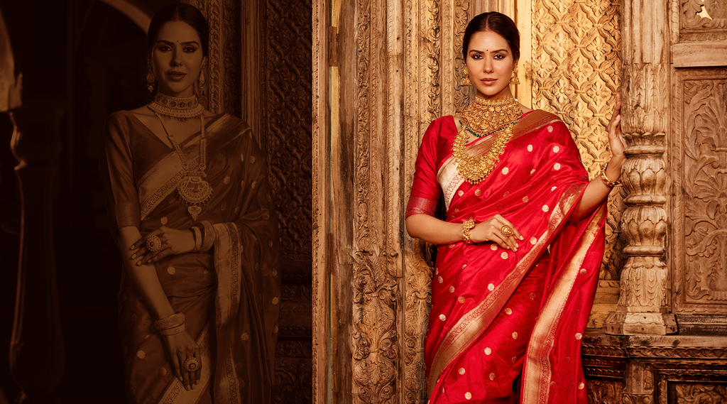 Off-White And Red Color Banarasi Silk Saree | Saree designs, Indian bridal  outfits, Saree