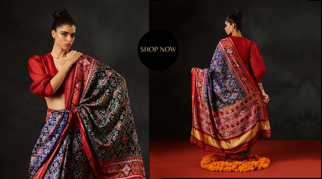 Handloom_Blue_And_Red_Double_Warp_Pure_Mulberry_Silk_Ikat_Patola_Saree_With_Twill_Weave_And_Maroon_Border_WeaverStory
