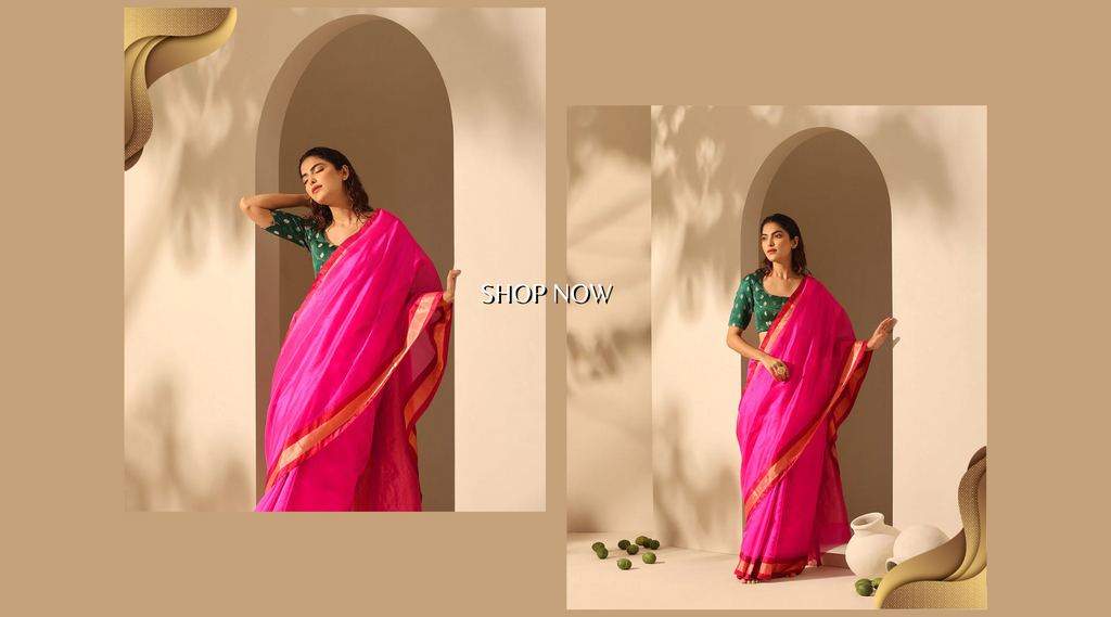 Handloom_Hot_Pink_Plain_Chanderi_Silk_Saree_With_Broad_Zig_Zag_Nakshi_Border_WeaverStory