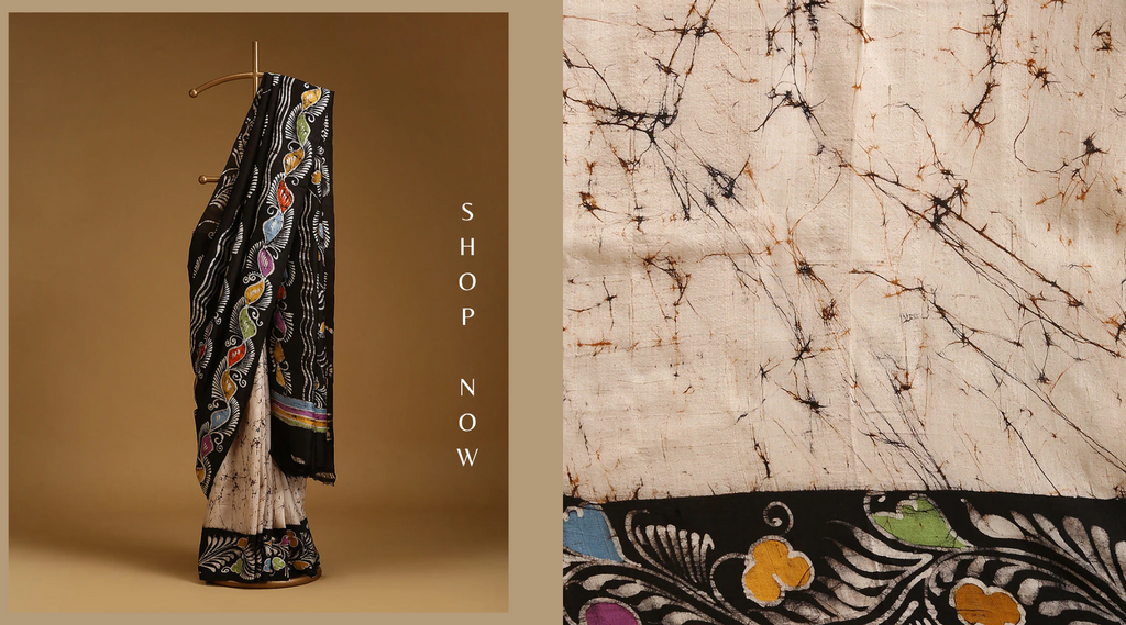 Handloom_Offwhite_And_Black_Pure_Mulberry_Silk_Hand_Batik_Saree_With_Multicolor_Motifs_WeaverStory