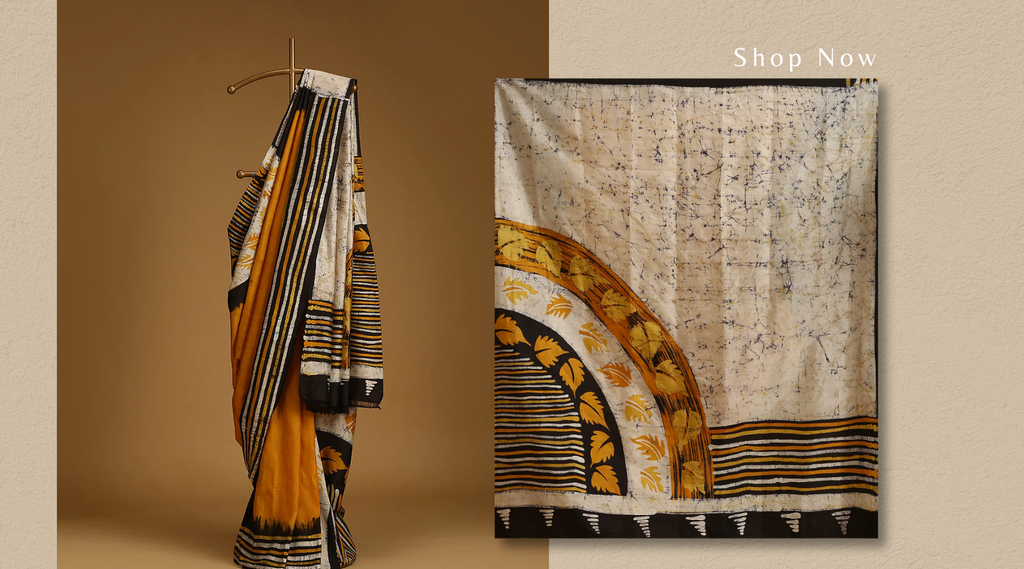 Handloom_Offwhite_And_Mustard_Pure_Mulberry_Silk_Hand_Batik_Saree_With_Striped_Border_WeaverStory