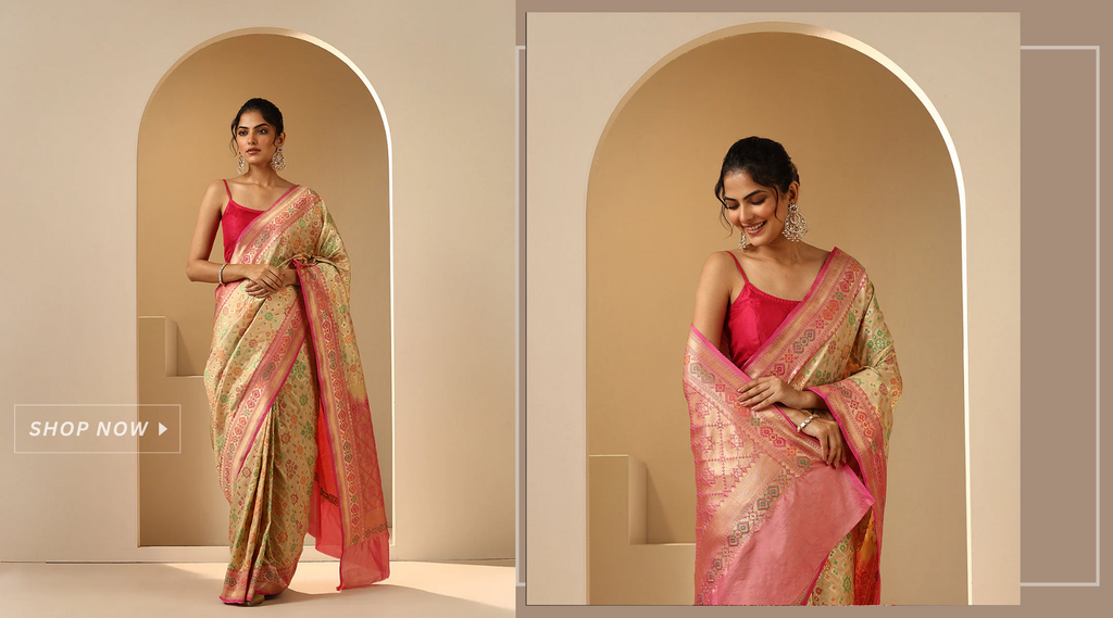 Handloom_Offwhite_Pure_Katan_Silk_Banarasi_Patola_Saree_With_Pink_Border_WeaverStory