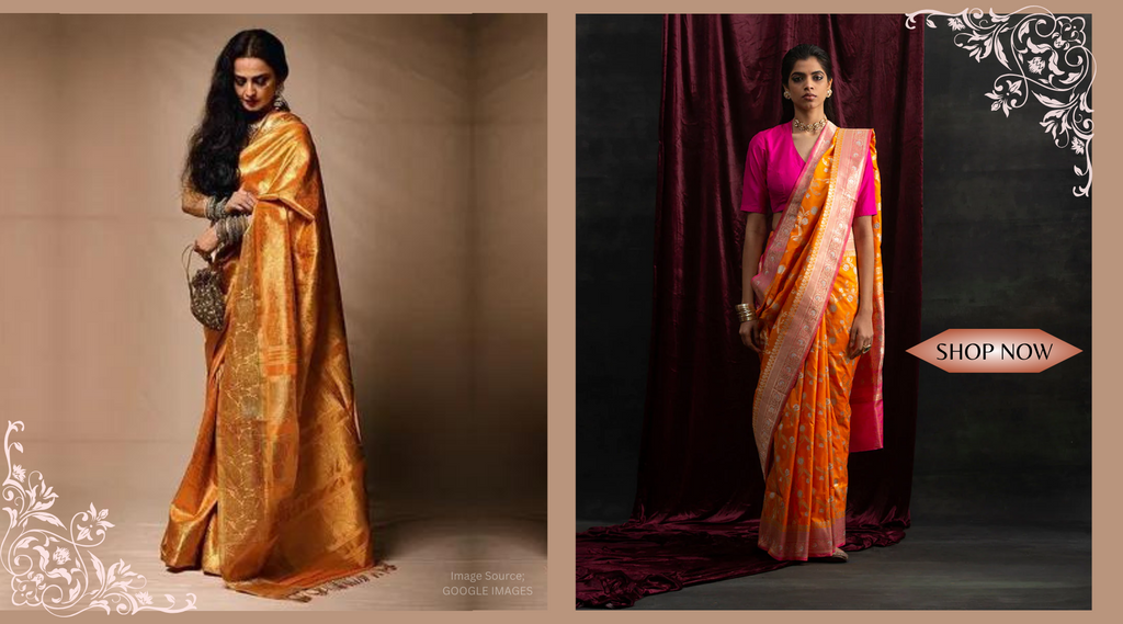 Handloom_Orange_Pure_Katan_Silk_Banarasi_Saree_with_Kadhwa_Jangla_and_Pink_Border_WeaverStory