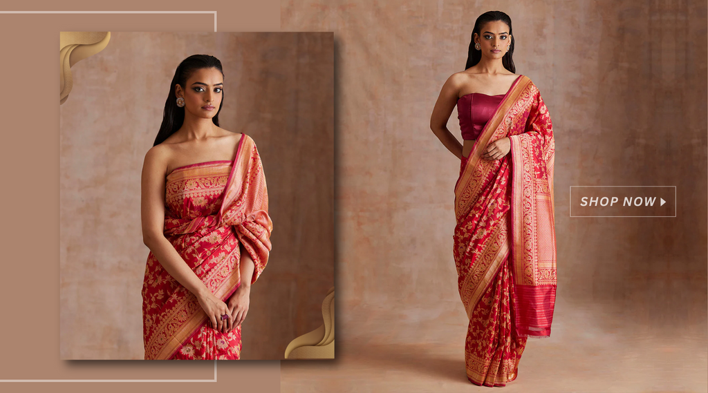 Handloom_Red_Double_Shade_Pure_Katan_Silk_Banarasi_saree_With_Floral_Meenakari_Jaal_WeaverStory