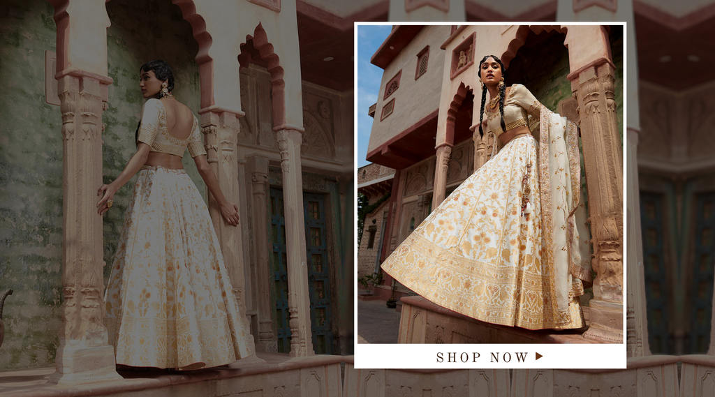 Handloom_White_Mughal_Jaal_Pure_Katan_Silk_Banarasi_lehenga_with_Gotta_work_Zardozi_Dupatta_and_Blouse_WeaverStory