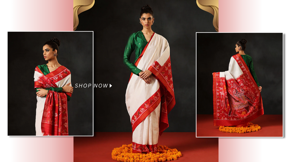 Handloom_White_Pure_Mulberry_Silk_Single_Ikat_Patola_Saree_With_Red_Border_And_Pallu_With_Elephant_Motifs_WeaverStory