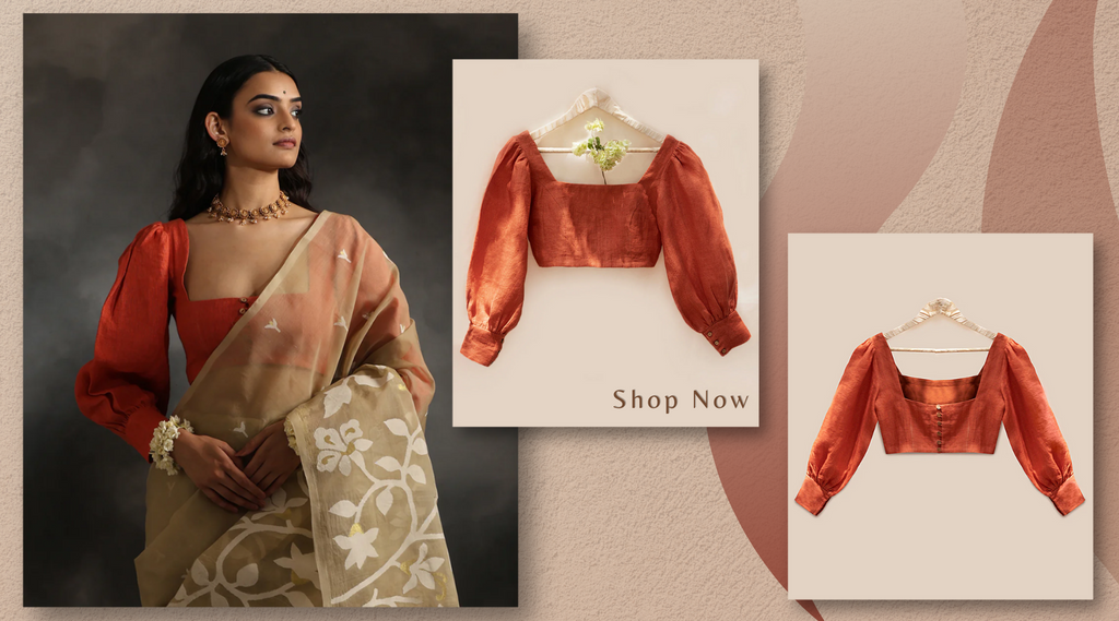 Handloom_Rust_Pure_Linen_Stitched_Blouse_With_Bishop_Sleeves_WeaverStory