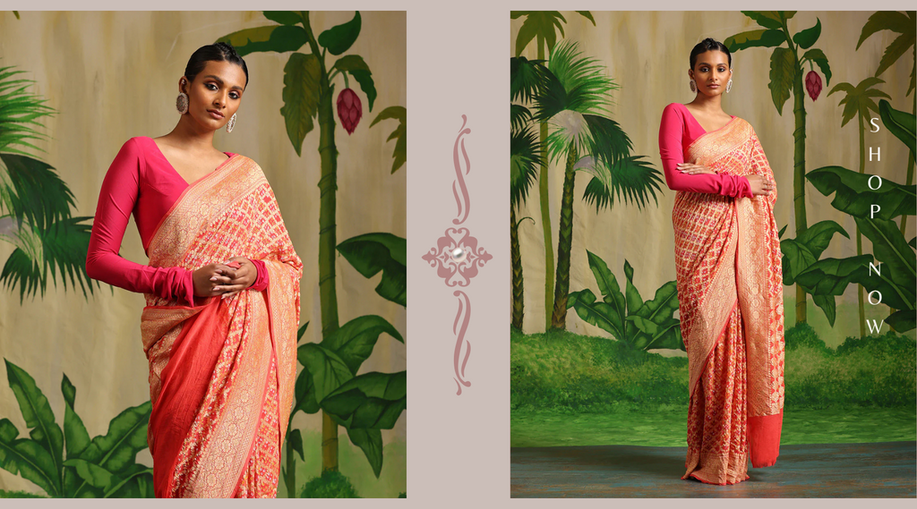 Orange_Handloom_Pure_Georgette_Banarasi_Bandhej_Saree_With_All_Over_Zari_Jaal_WeaverStory